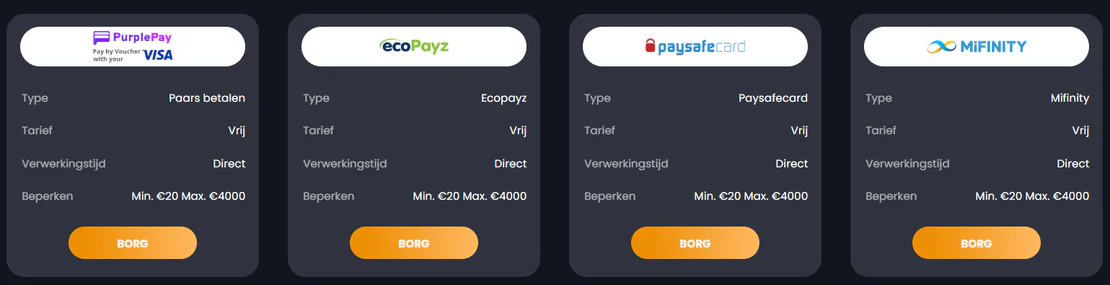 Bitkingz Casino betaalmethoden PurplePay, ecoPayz, Paysafecard en MiFinity met directe verwerking, geen kosten en stortingslimieten van €20 tot €4000