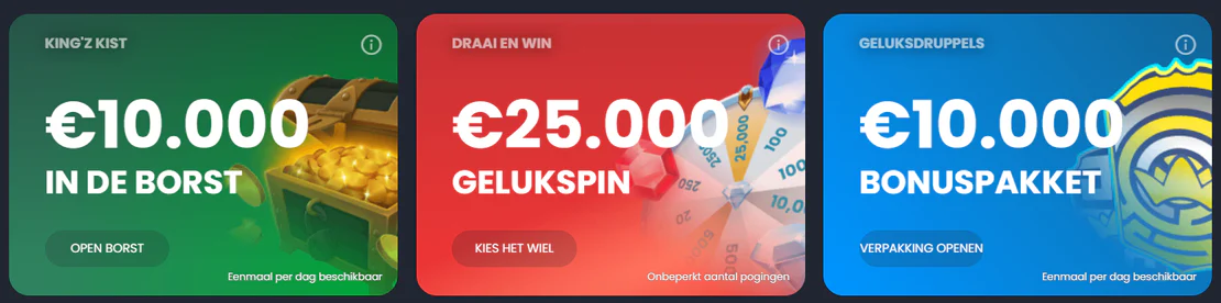 Bitkingz Casino promoties met King'z Kist van €10.000, Draai en Win met €25.000 aan prijzen en Geluksdruppels met een bonuspakket van €10.000